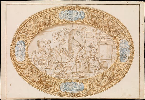 Design (Full-Scale Working Drawing) for a Large Oval Silver Dish with Silver Gilt Border Showing Vulcan's Forge, by Giovanni Giardini