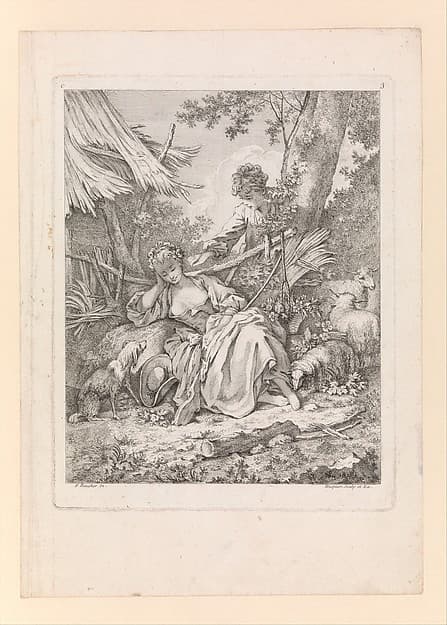 Plate 3: Shepherd tickling a sleeping Shepherdess with a piece of straw, from Troisieme Livre de Sujets et Pastorales (Third Book of Subjects and Pastorals), by Gabriel Huquier