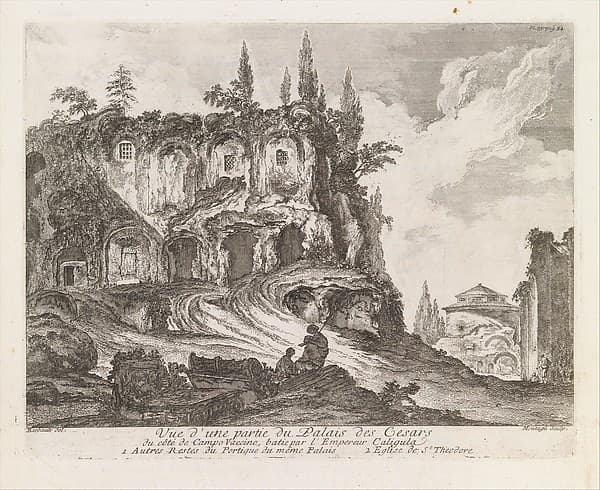 Vue d'une partie du Palais des Cesars du côté de Campo Vaccino, batie par l'Empereur Caligula, from "Les Plus Beaux Monuments de Rome Ancienne ou Recueil des plus beaux Morceaux de l'Antiquité Romaine qui existent encore", by Jean Barbault
