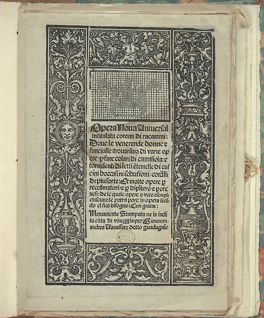 Opera Nova Universali intitulata Corona di racammi, title page (recto), by Giovanni Andrea Vavassore