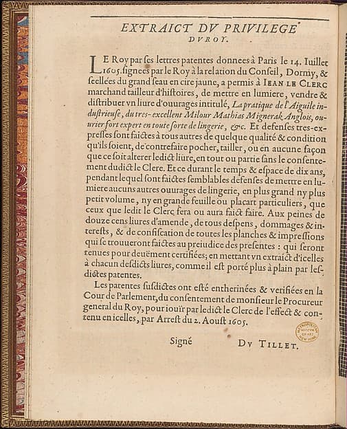 La Pratique de l'Aiguille, page 4 (verso), by Matthias Mignerak