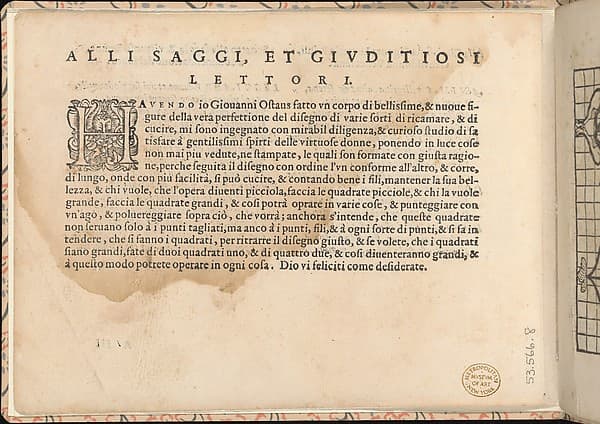 La vera perfettione del disegno di varie sorti di recami, page 2 (verso), by Giovanni Ostaus