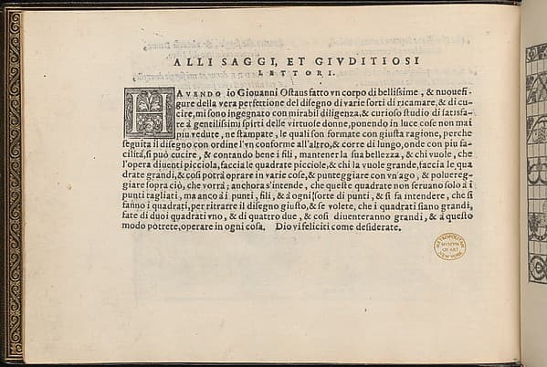 La Vera Perfettione del Disegno di varie sorti di recami, page 3 (verso), by Giovanni Ostaus