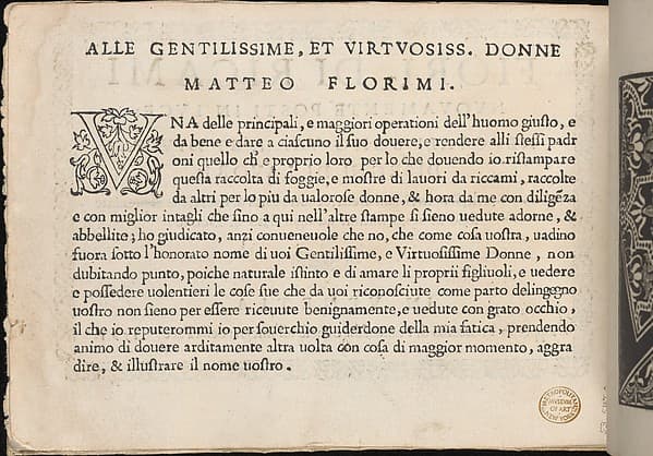 Fiori di Ricami Nuovamente Posti in Luce, title page (verso), by Matteo Florimi