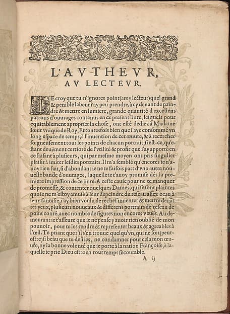 Les Secondes Oeuvres, et Subtiles Inventions De Lingerie du Seigneur Federic de Vinciolo Venitien, page 2 (recto), by Federico de Vinciolo