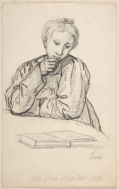 Portrait of Eline Marie Heger as a Child, Leaning on a Table, Looking at a Book, by Johan Christian Dahl