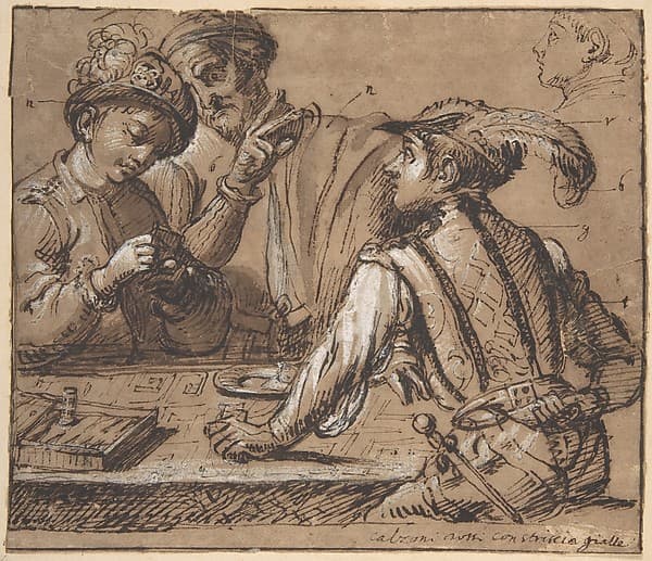 Study after Caravaggio's 'The Cardsharps' with color notes, by Anonymous, Italian