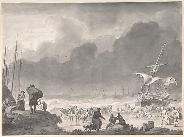 A Ship Wrecked on a Shore on a Stormy Night, with Survivors Salvaging Their Goods, by Ludolf Backhuysen