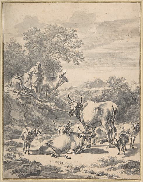 Herdsmen with Cattle and Sheep in Italianate Landscape, by Nicolaes Berchem
