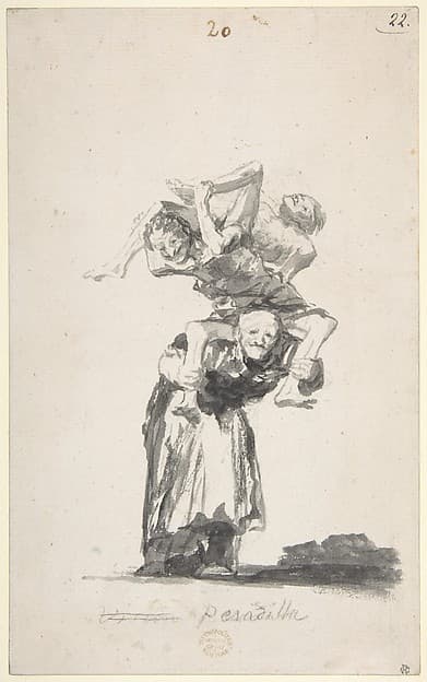 'Nightmare'; an old woman carrying figures on her back; page 20 from the Witches and Old Women Album (D), by Goya (Francisco de Goya y Lucientes)