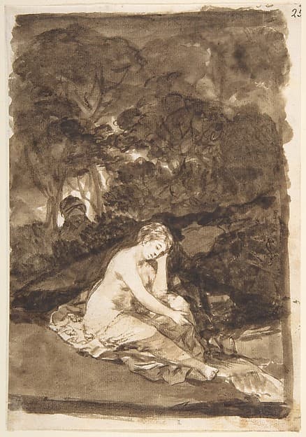 A partly naked woman seated by a stream; page 32 from the "Images of Spain" Album (F), by Goya (Francisco de Goya y Lucientes)