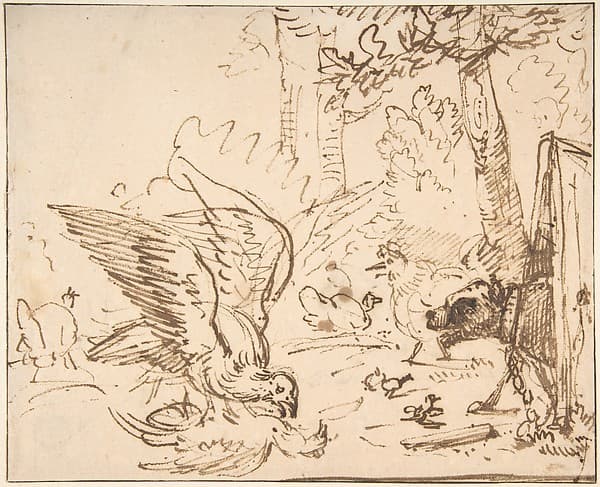 Barnyard Scene: two birds fighting (recto) Studies of Birds(verso), by Anthonie van Borssom