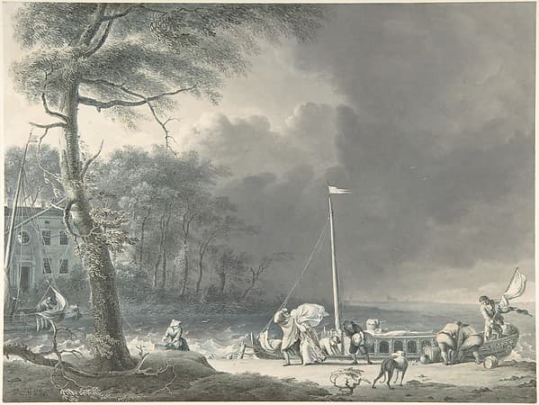 A Stormy Scene with Figures Unloading Boats Near a House on the Water's Edge, by Jacob Cats