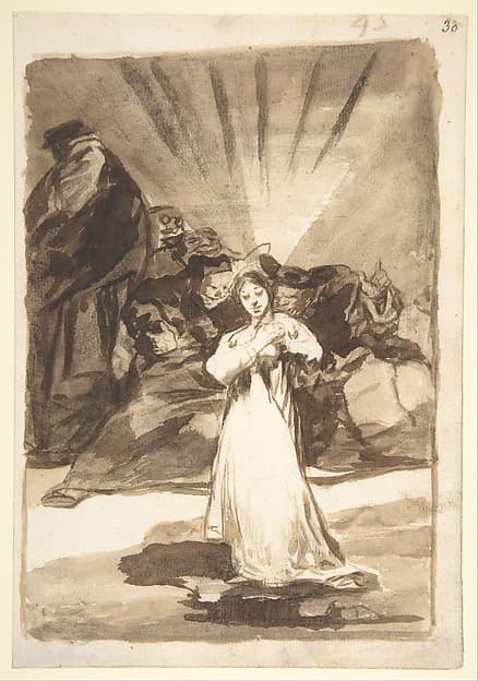 A radiant female figure beset by dark spirits; page 45 from the "Images of Spain" Album (F), by Goya (Francisco de Goya y Lucientes)