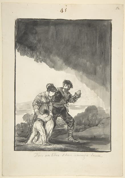 God save us from such a bitter fate; a bandit threatening a woman and a child with a knife, page 41 from the "Black Border Album" (E), by Goya (Francisco de Goya y Lucientes)