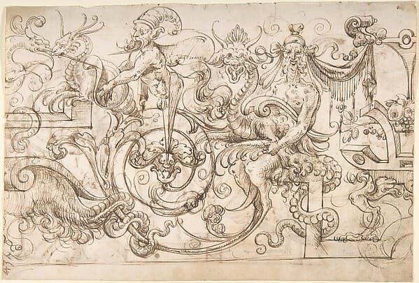 Grotesque panel with satyrs, herms, and strapwork (recto); winged creatures and strapwork (verso), by Andrés de Melgar