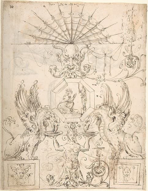 Griffins, female grotesque, mask and figures (recto); two turtle-like creatures and a scene with figures (verso), by Andrés de Melgar