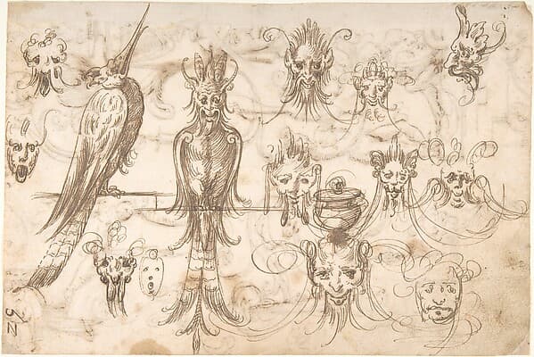 Studies for birds and grotesque masks (recto); candelabra grotesques, ewers and vases (verso), by Andrés de Melgar