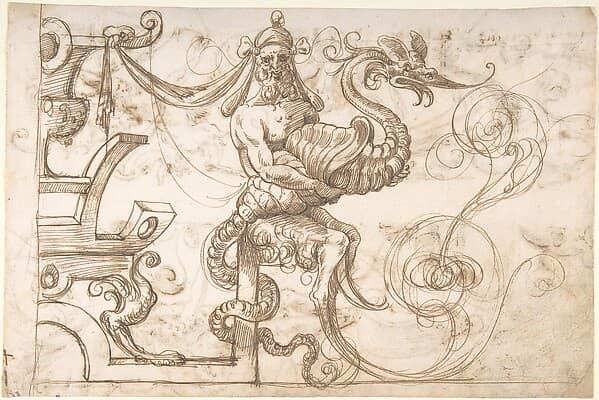 Satyr holding a fantastical creature (recto); Two candelabra grotesques (verso), by Andrés de Melgar