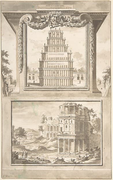 Reconstruction of the Monument to Septimius Severus (above), View of the Ruins (below), by Jan Goeree