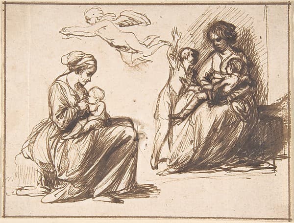 Study Sheet with Two Seated Children and an Angel, by Hendrick Goudt