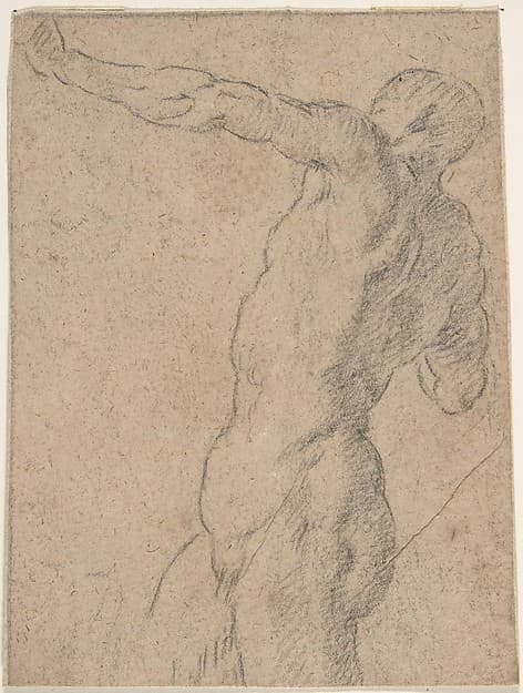 Life Study of Standing Male Nude in Three-Quarter Length, by Anonymous, Spanish, School of Seville, 17th century