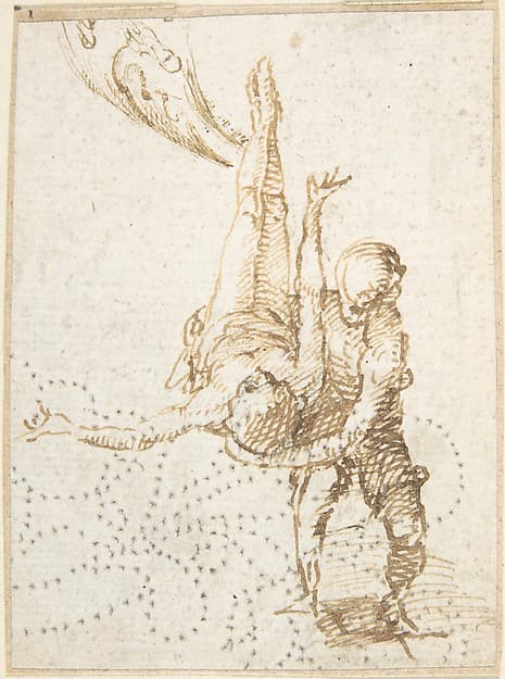 Scene of Martyrdom (Crucifixion of Saint Peter?) (recto); Fragment of Design for Ornamental Border (verso), by Anonymous, Spanish, School of Seville, 17th century