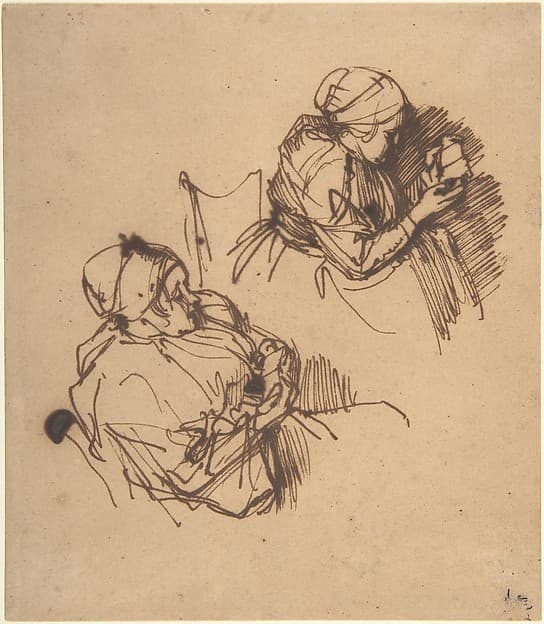 Two Studies of a Woman Reading, by Rembrandt (Rembrandt van Rijn)