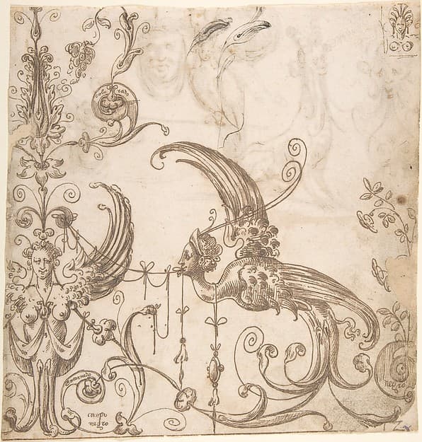 Female grotesque and harpy (recto); fantastical creatures and masks (verso), by Andrés de Melgar