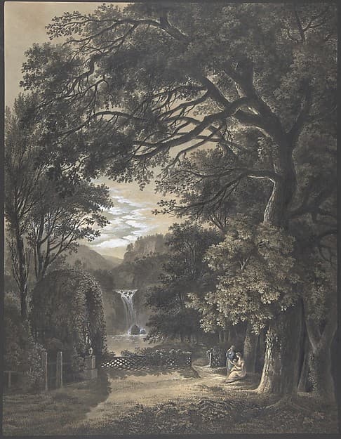 Family Gathered Before a Monument in a Landscape with a Waterfall, by Johann Heinrich Meyer