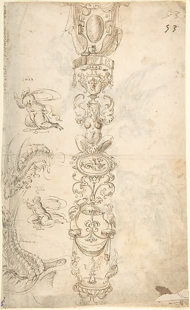 Candelabra grotesque and studies of kneeling figures (recto); two sphinxes (verso), by Andrés de Melgar