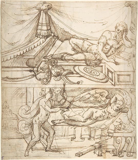 Two scenes; a reclining warrior above, sleeping cupid below (recto); grotesque niche with standing warrior (verso), by Andrés de Melgar
