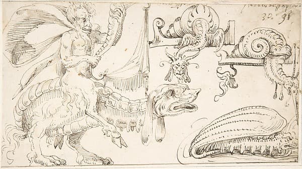 Satyr riding a fantastical creature, snail-like creatures, by Andrés de Melgar