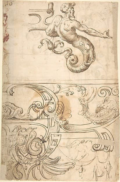 Various Designs of Strapwork and Grotesque Figures (recto); Grotesques with Term Figures (verso), by Andrés de Melgar