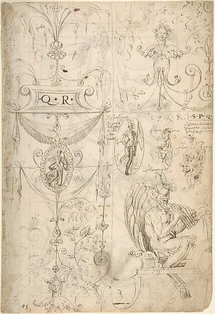 Grotesques Designs with Various Inscriptions (recto); Candelabra Grotesque and Two Putti Holding Flowers (verso), by Andrés de Melgar