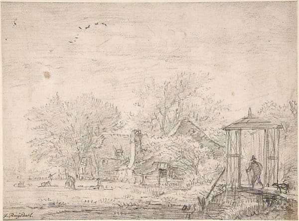 House among Trees, at Right Man and Dog on a Footbridge, by Jacob van Ruisdael