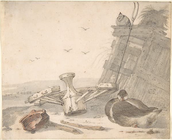 A Duck Sleeping near a Broken Wheel in a Farmyard, a Chicken beyond, by Cornelis Saftleven