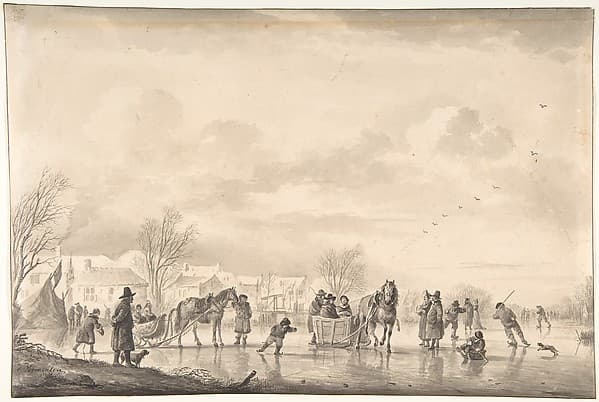 Winter Landscape with Skaters and Horse-Drawn Sledges on the Ice, a Village Below, by Andries Vermeulen