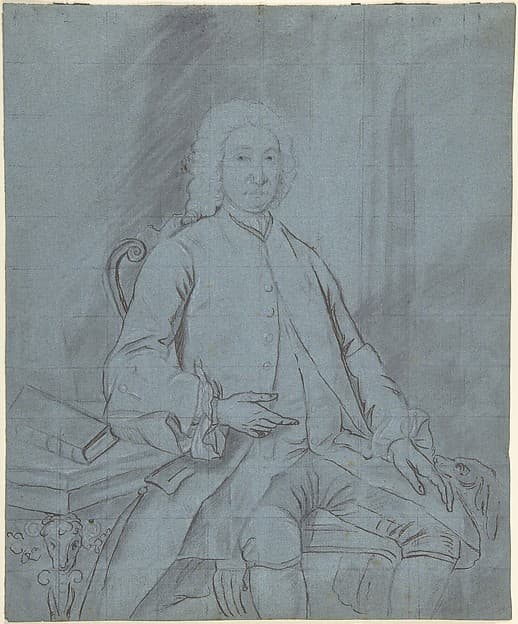 Three-quarter length portrait study of a man seated at a desk with a dog, by Joseph van Aken