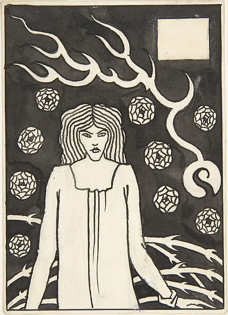 Young Woman Surrounded by Briars, Lightning and Roses (Chapter Heading, "Le Morte d'Arthur," J. M. Dent 1893–94, Part III, book vi, chapter xvii, p. 215 and Part VII, book x, chapter xxii, p. 500), by Aubrey Vincent Beardsley