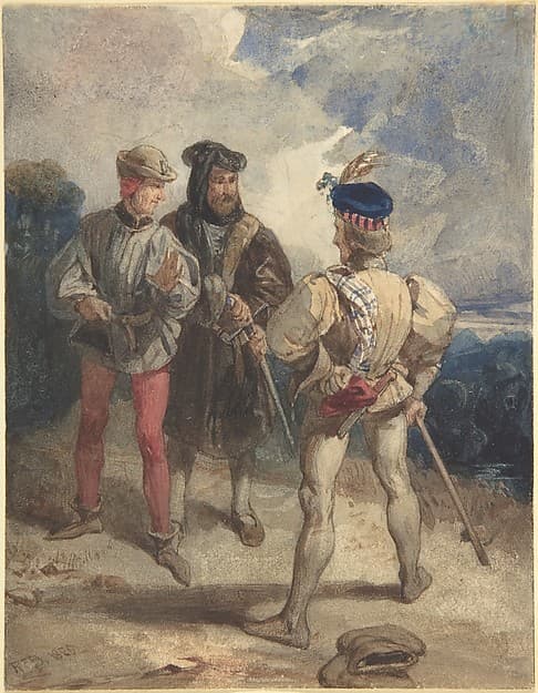 Quentin Durward and the disguised Louis XI (recto); Study of male figure (verso), by Richard Parkes Bonington