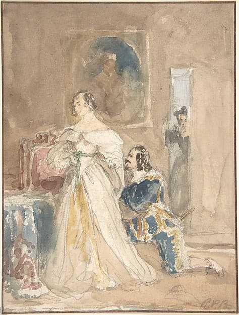 The Proposal (recto); Unfinished drawing of a horse and rider (verso), by Richard Parkes Bonington
