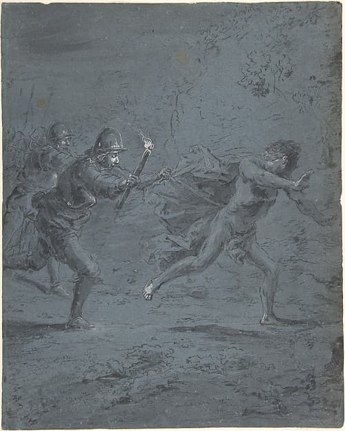 Night scene with soldiers chasing a fugitive (Mark XIV, 5-52), by Leonaert Bramer