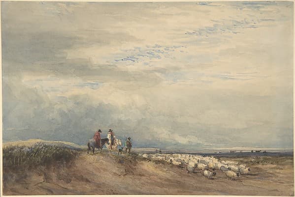 Riders with sheep near an estuary, by David Cox