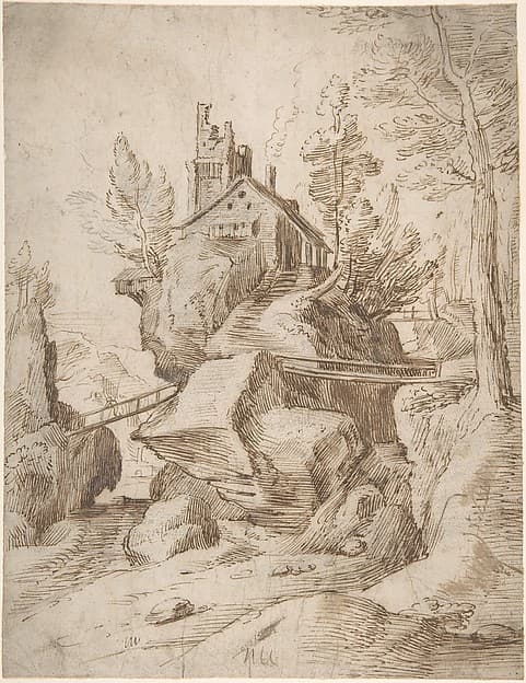 Fantastic Rocky Landscape with a Farmhouse and Three Foot Bridges, by Anonymous, Netherlandish, 16th century