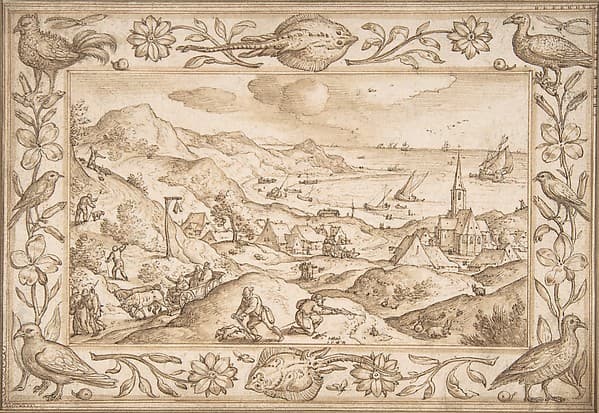 Hilly Coastal Landscape with Hunters, with an elaborate border of Fishes and Birds, by Hans Bol