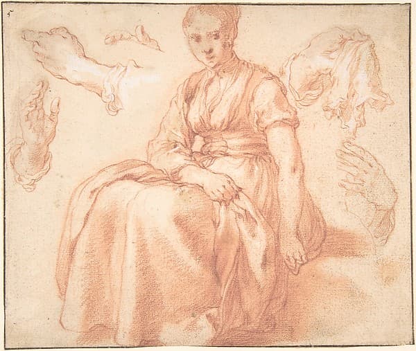 Study of a Seated Woman and Five Studies of Hands; Verso: Landscape with a Road and a Tree to the Right, by Abraham Bloemaert