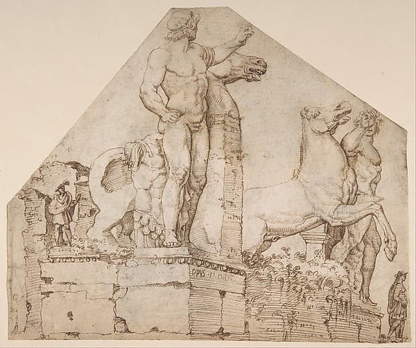 The Dioscuri on Monte Cavallo (recto); Study of a Spiral Staircase (verso), by Maarten van Heemskerck