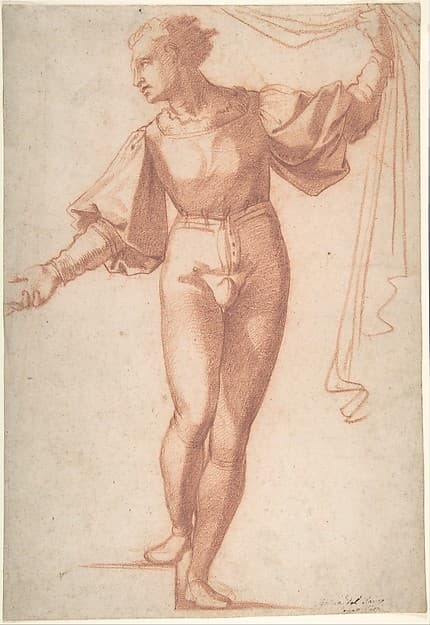 Study for a Standing Young Man, Raising a Curtain and Looking at Left, by Baccio Bandinelli