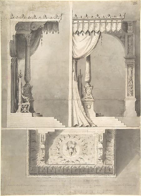Design for a Papal Throne with Elevations and Sketch of Baldacchino Interior, by Antonio Basoli